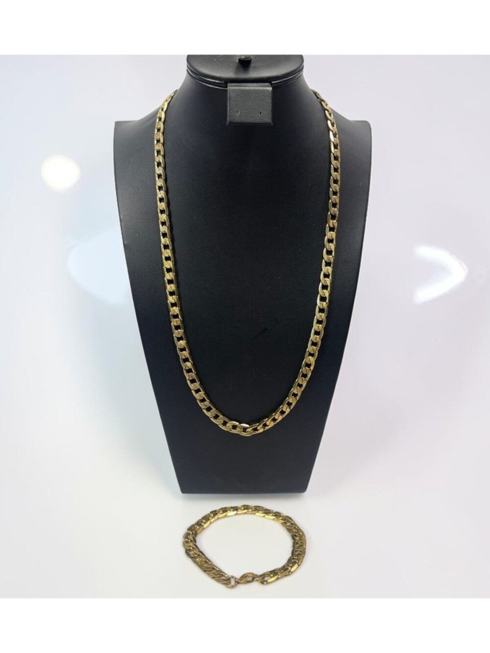 Gold-Tone Stainless Steel Necklace & Bracelet Set Curb Chain Link 24"/8.5"